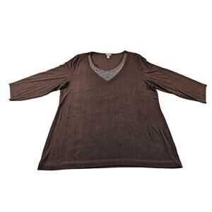 Travelers by Chicos Ladies Size 4 Top Embellished Neckline Brown 3/4 Sleeve